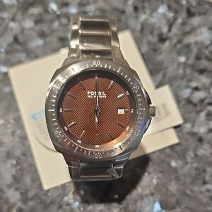 Fossil Men’s Silver Stainless Watch with Brown Textured Dial